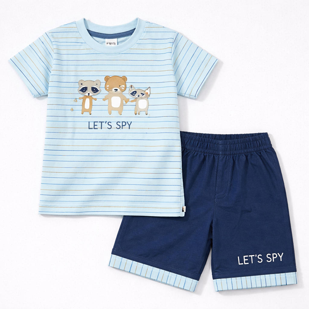 Krunchy Adventure Ready Kids Printed T-Shirt with Navy Shorts Set - Sky Blue - Cutypi