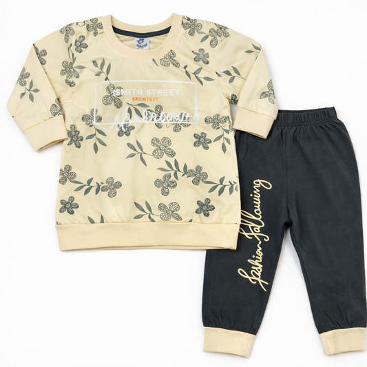 Annie Baby Girls Floral Sweatshirt with Jogger Pants Set Yellow & Grey Winter Outfit - Cutypi