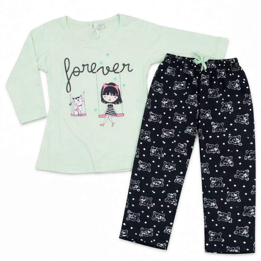 Hello Bele Baby Girls Forever Print Top with Printed Pajama Set Mint Green Nightwear Outfit - Cutypi