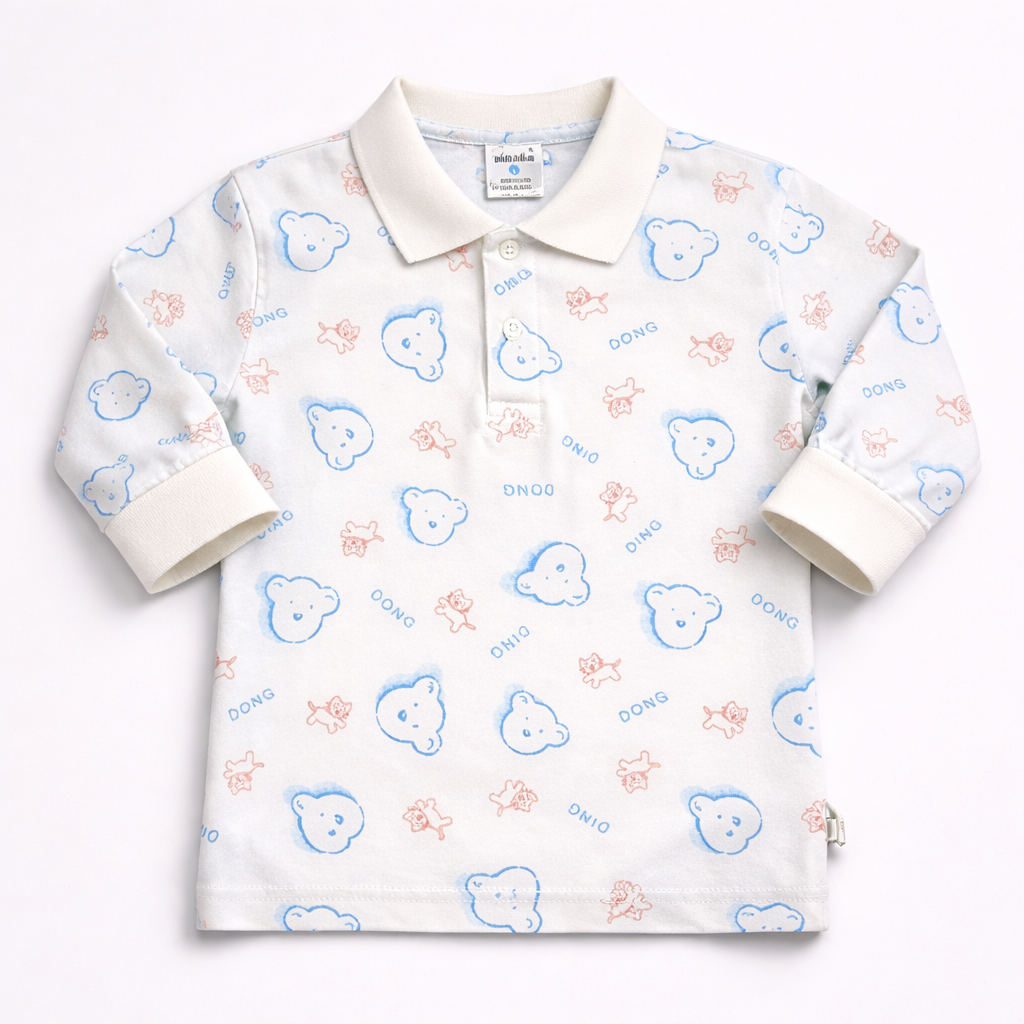 Taxi Junior White & Sky Blue Bear Print Kids Polo T-Shirt – Full Sleeve Cotton Collared Tee - Cutypi