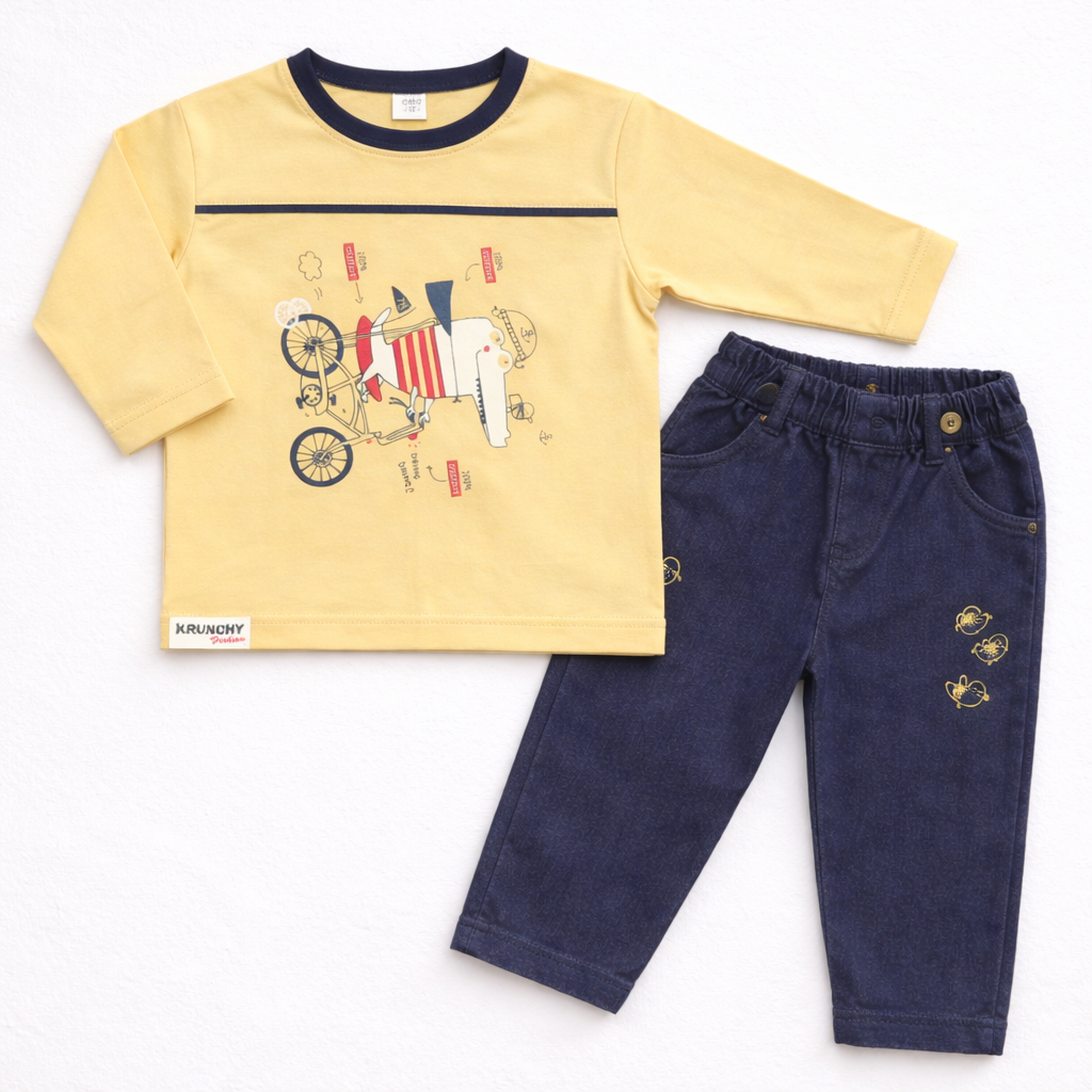 Krunchy Baby Boys Printed Full Sleeve T-Shirt with Denim Pants Set Cotton Casual Outfit - Cutypi