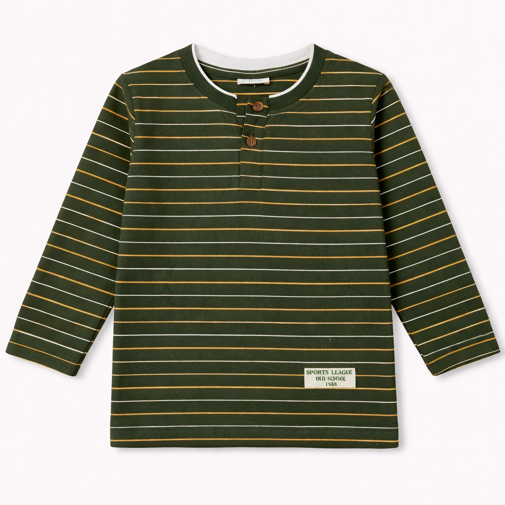Krunchy Green Striped Kids T-Shirt – Full Sleeve Cotton Henley Neck Tee - Cutypi