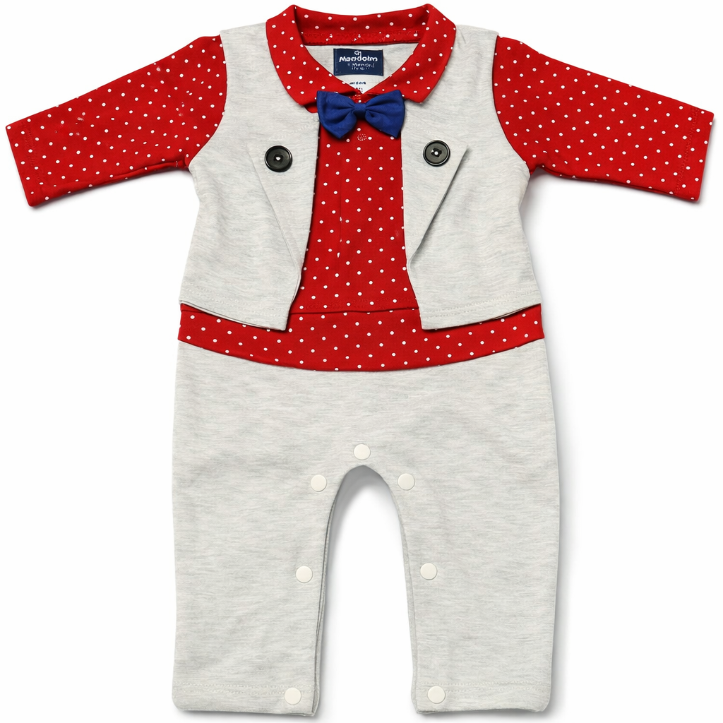 Baby Boy Formal Romper Set – Red Polka Dot Shirt with Grey Vest & Bow Tie
