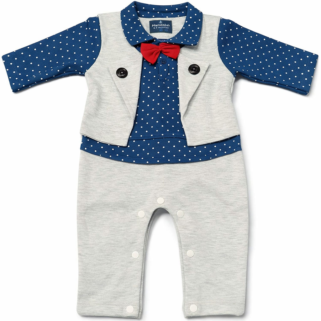 Baby Boy Formal Romper Set – Blue Polka Dot Shirt with Grey Vest & Bow Tie