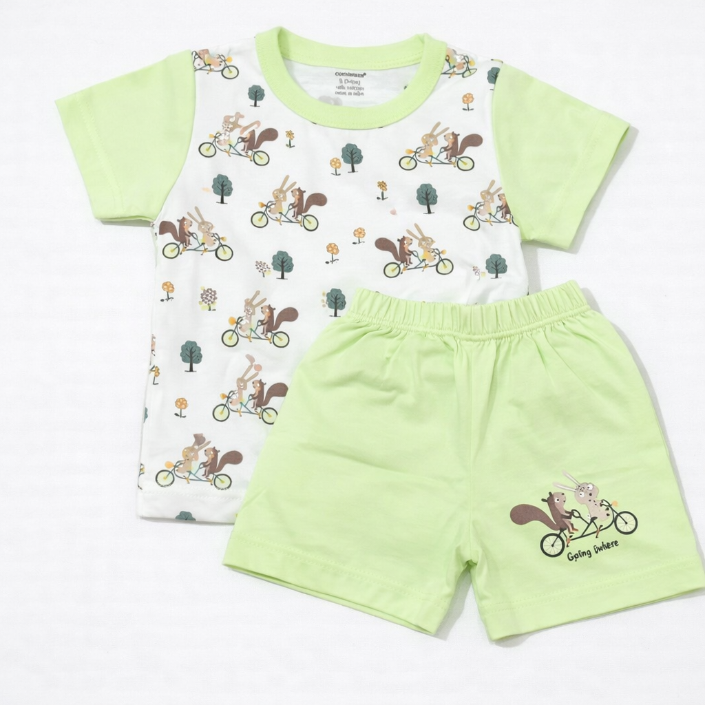 Cucumber Baby Cute Animal Bicycle Print Green T-Shirt & Shorts Set - Cutypi