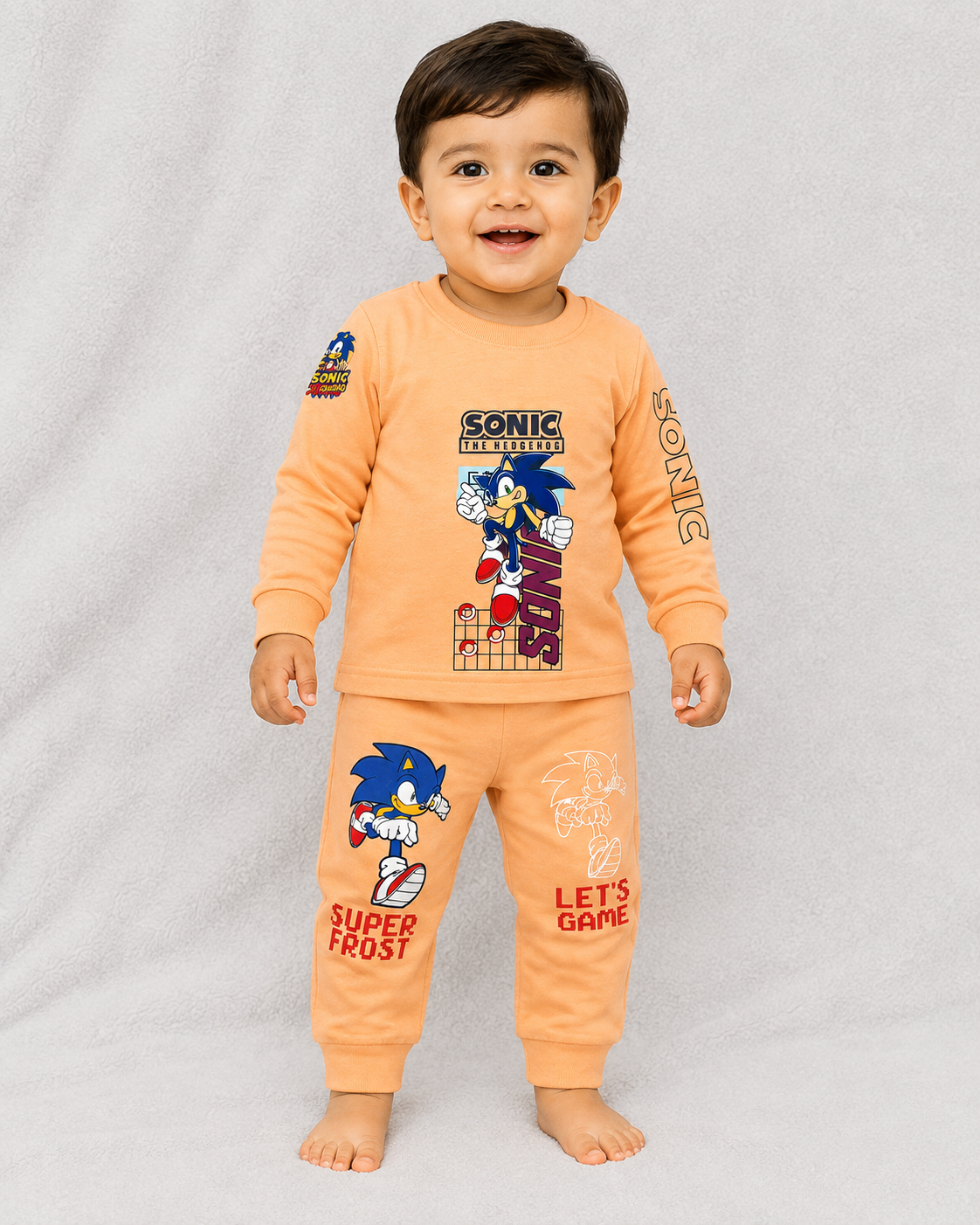 Boys Sonic Print Full Sleeve T-Shirt & Jogger Set – Casual Wear Orange