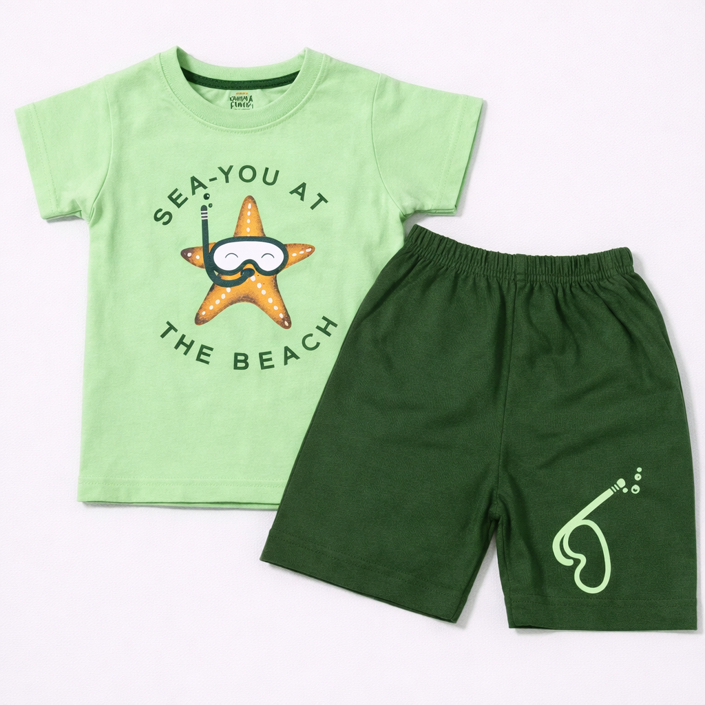 Krunchy Sea Adventure Kids Summer Outfit – Starfish Graphic T-Shirt & Green Shorts - Cutypi