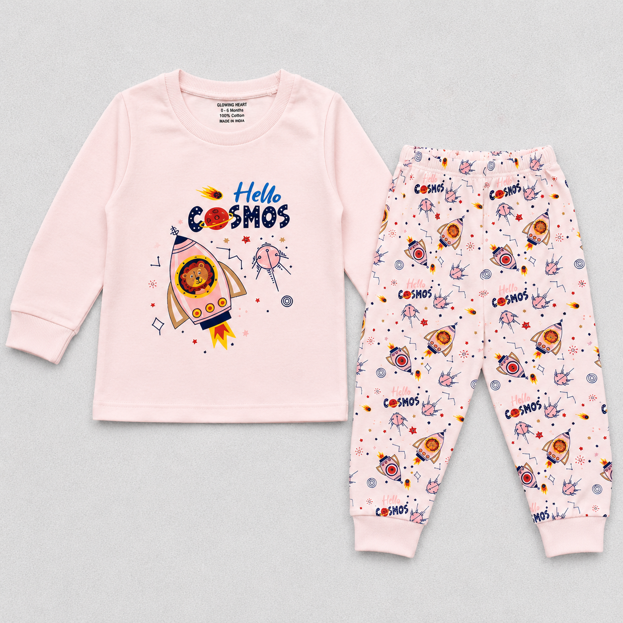 Cucumber Boys Cotton Suit Set – Hello Cosmos Printed Full Sleeve Top & Pajama - Dark Pink