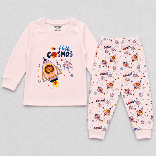 Cucumber Boys Cotton Suit Set – Hello Cosmos Printed Full Sleeve Top & Pajama - Dark Pink