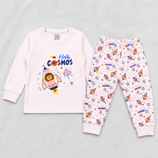 Cucumber Boys Cotton Suit Set – Hello Cosmos Printed Full Sleeve Top & Pajama - Light Pink