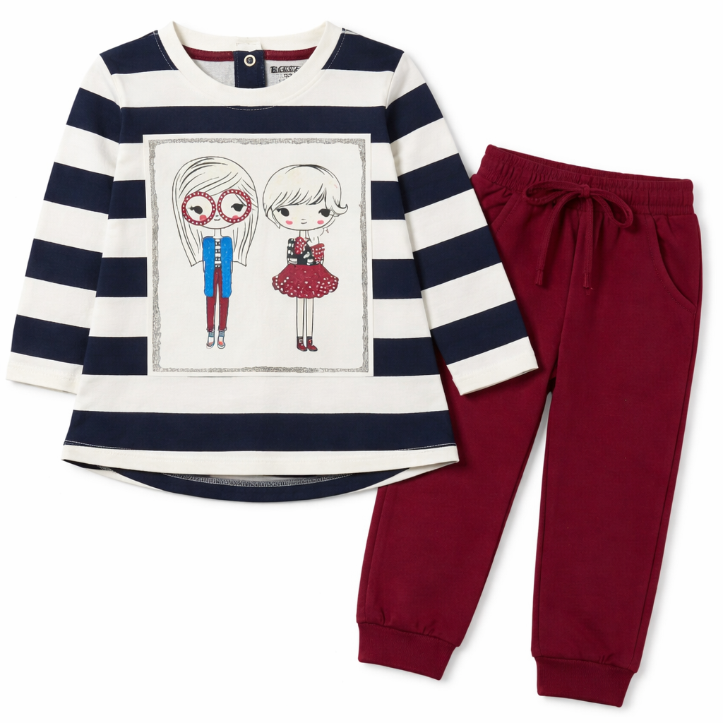 Cucumber Cucumber Cute Girls Printed Striped Dress with Leggins- Dark Blue - Cutypi