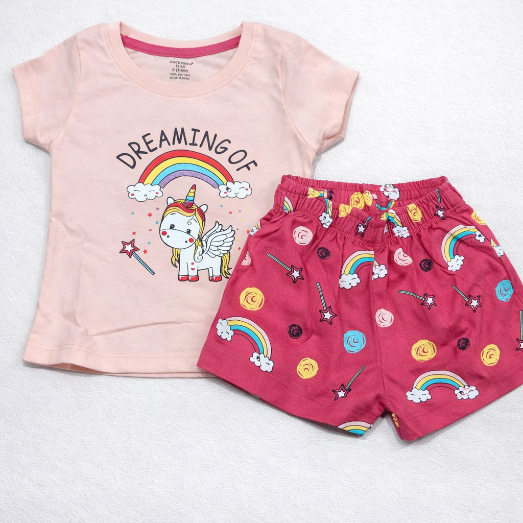 Cucumber Baby Girls Unicorn Printed T-Shirt & Shorts Set Cotton Summer Outfit - Cutypi