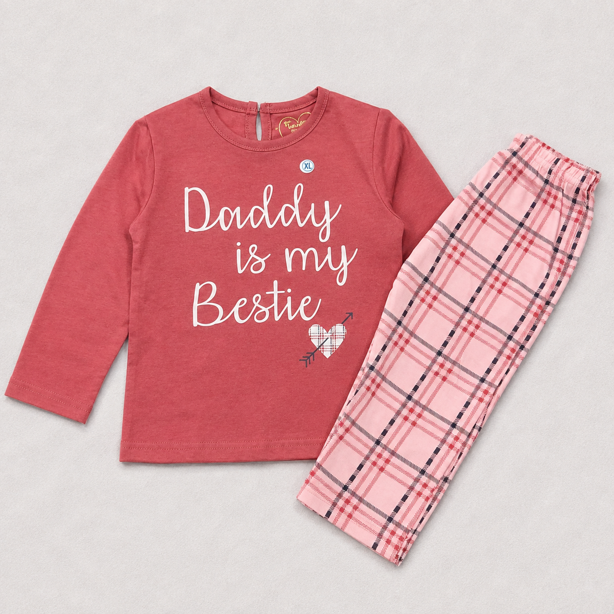 Girls Red Full Sleeve T-Shirt & Pink Check Pajama Set