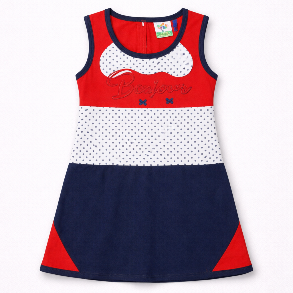 Tip Top Baby Girl Sleeveless Cotton Dress Bonjour Print Red Blue Polka Dot Casual Frock - Cutypi