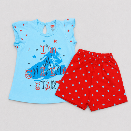 Baby Girls Blue Printed Top & Red Shorts Set Cotton Summer Outfit