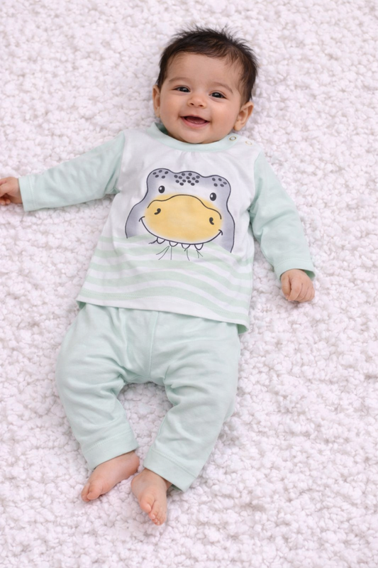 Baby Frog Printed Cotton T-Shirt with Pant Set – Lime Yellow