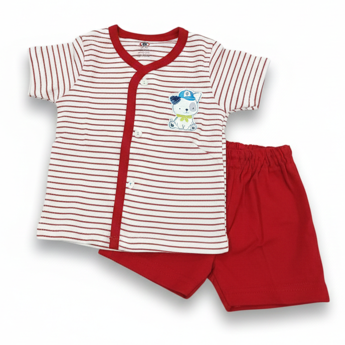 Zero Baby Striped Cotton T-Shirt with Shorts Set – Red & White - Cutypi