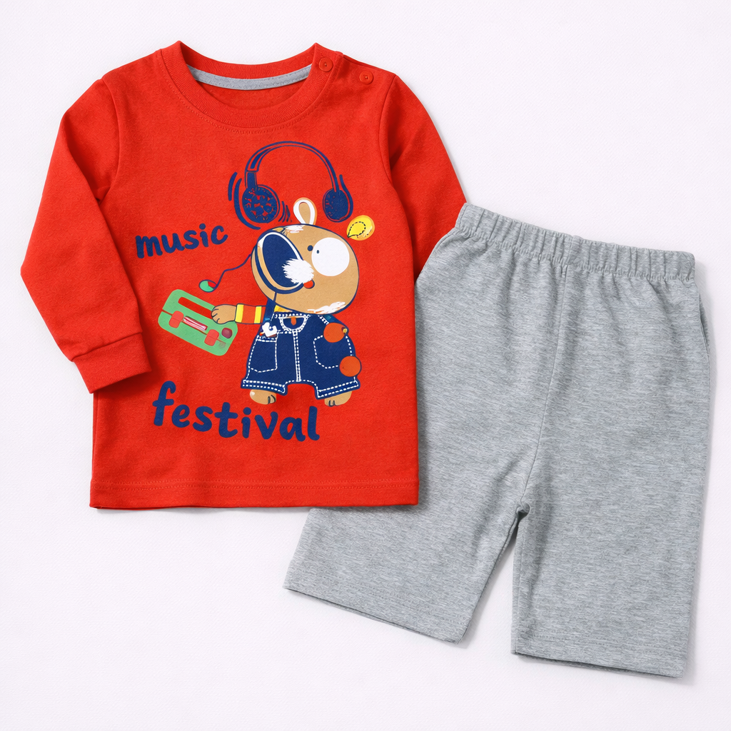 Luvlap Little Music Lover Kids Outfit – Red Graphic T-Shirt & Grey Shorts Set - Cutypi