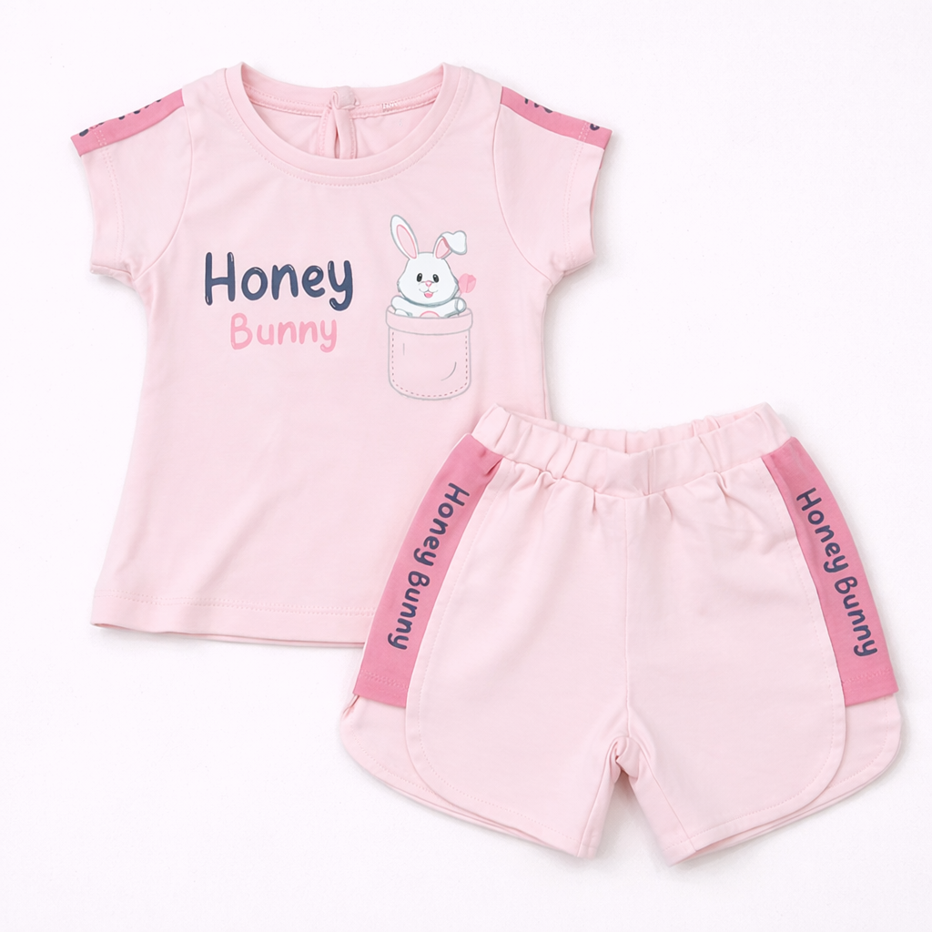 Karnika Baby Girl Cotton T-Shirt & Shorts Set Pink Honey Bunny Print Summer Outfit - Cutypi