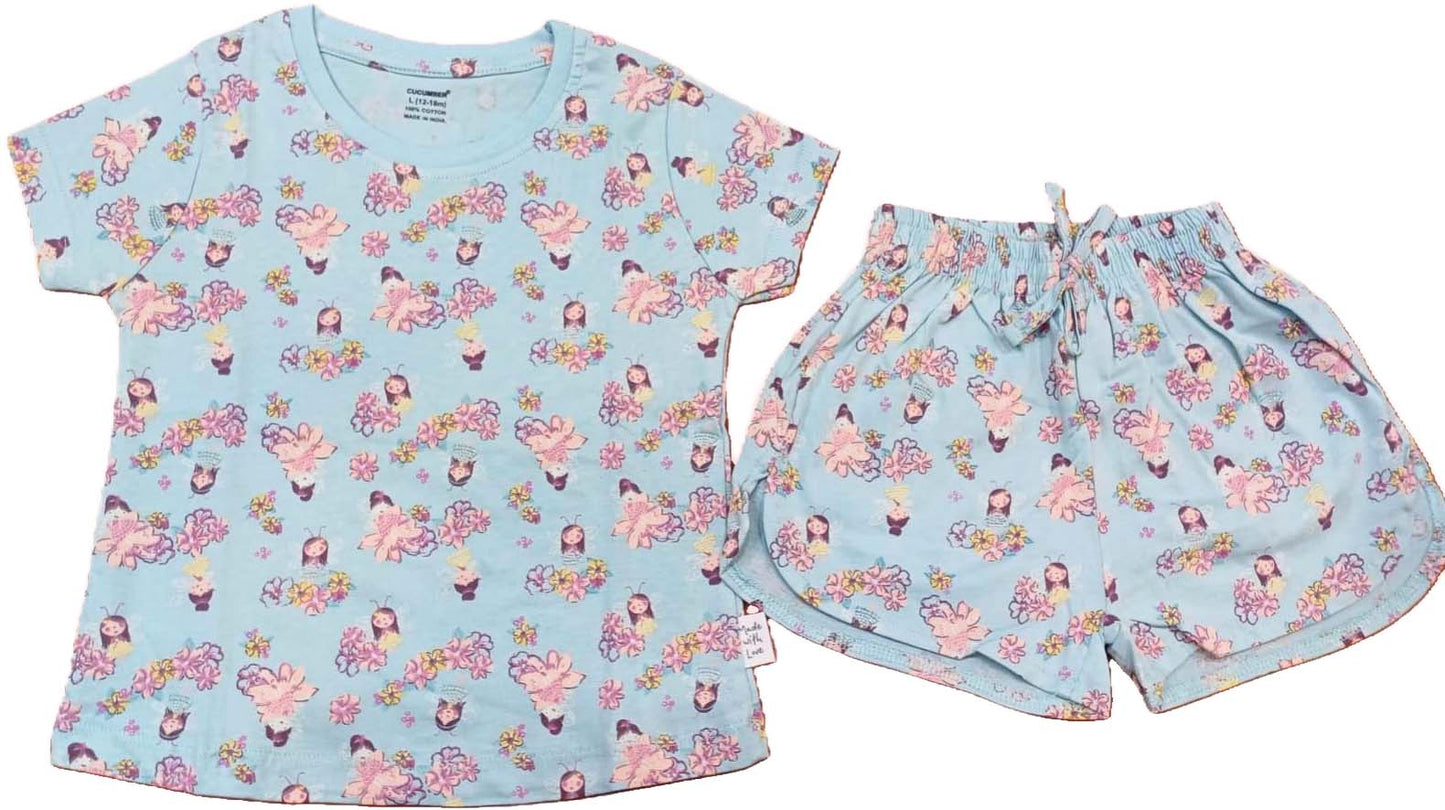 Kids T-Shirt | Top Hot Pant set for Girls - Light Sky
