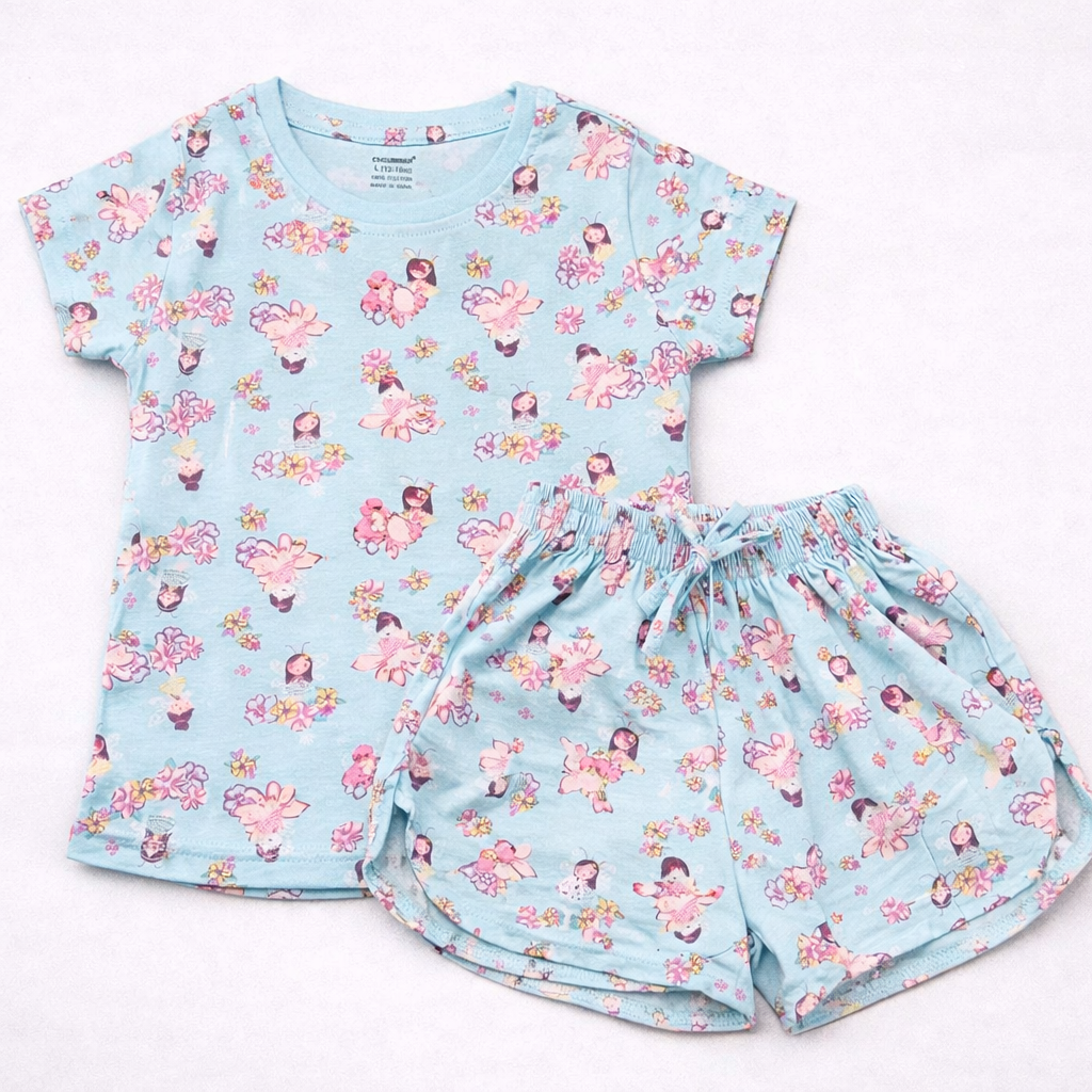 Cucumber Baby Girl Cotton Co-Ord Set Blue Fairy Print T-Shirt and Shorts Set - Cutypi
