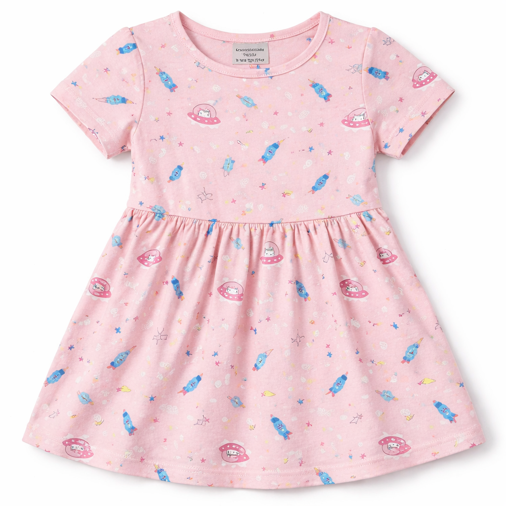 Cucumber Baby Girl Cotton A-Line Dress Pink Space Print Casual Summer Frock for Kids - Cutypi