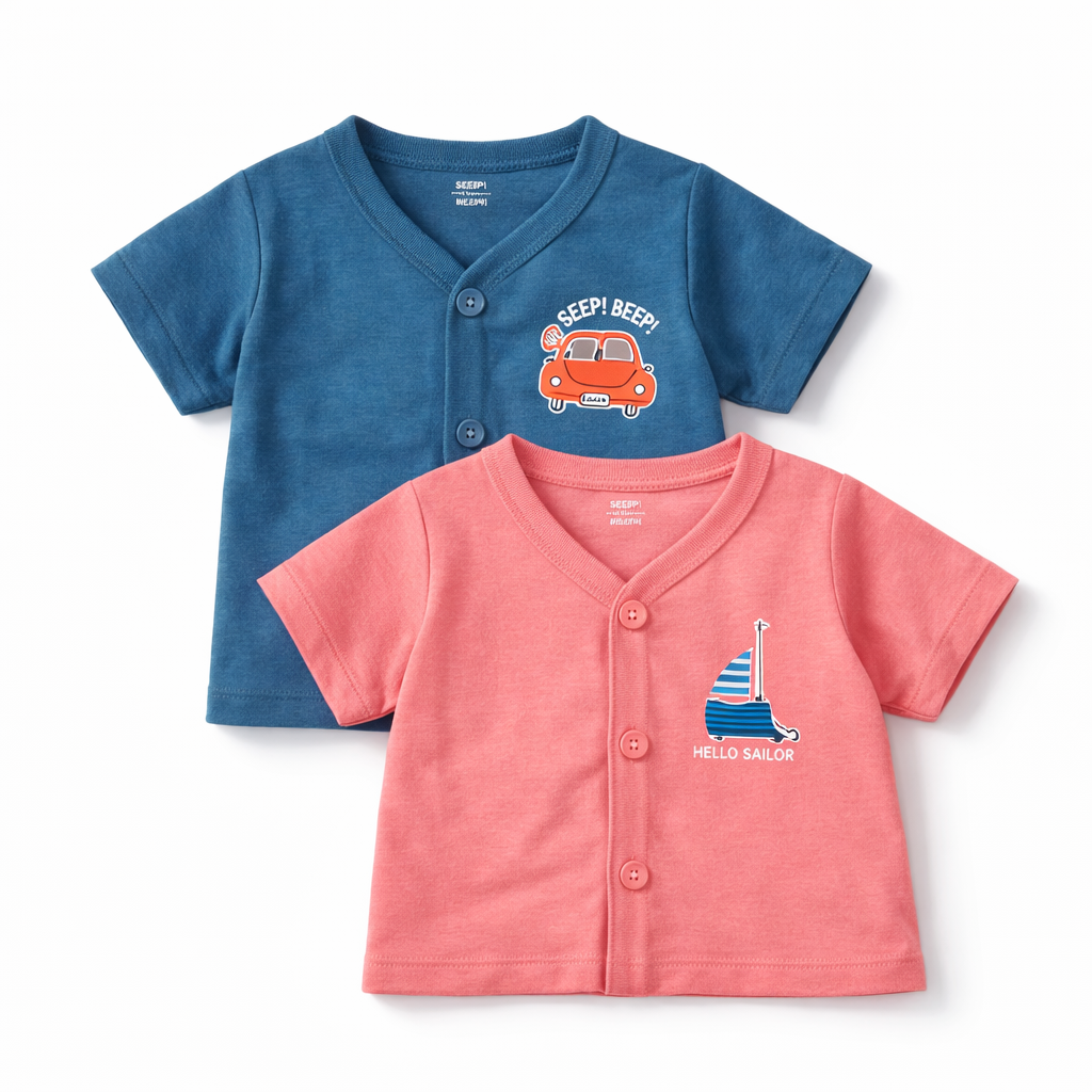 Cucumber Baby Printed Front Open Cotton T-Shirt – Car & Sailor Printed- Set of 2 - Cutypi