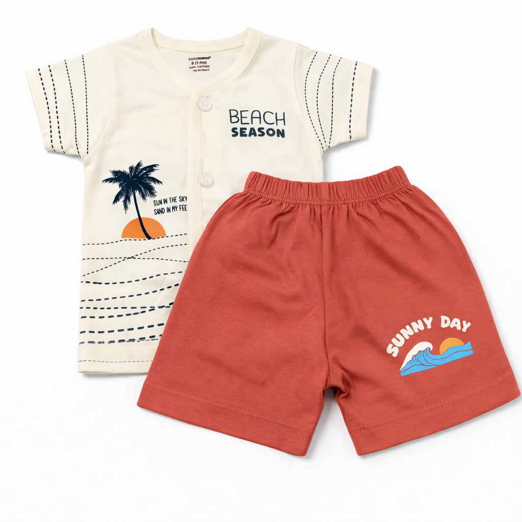 Baby “Sunny Day” Cotton T-Shirt with Shorts Set – Cream & Orange