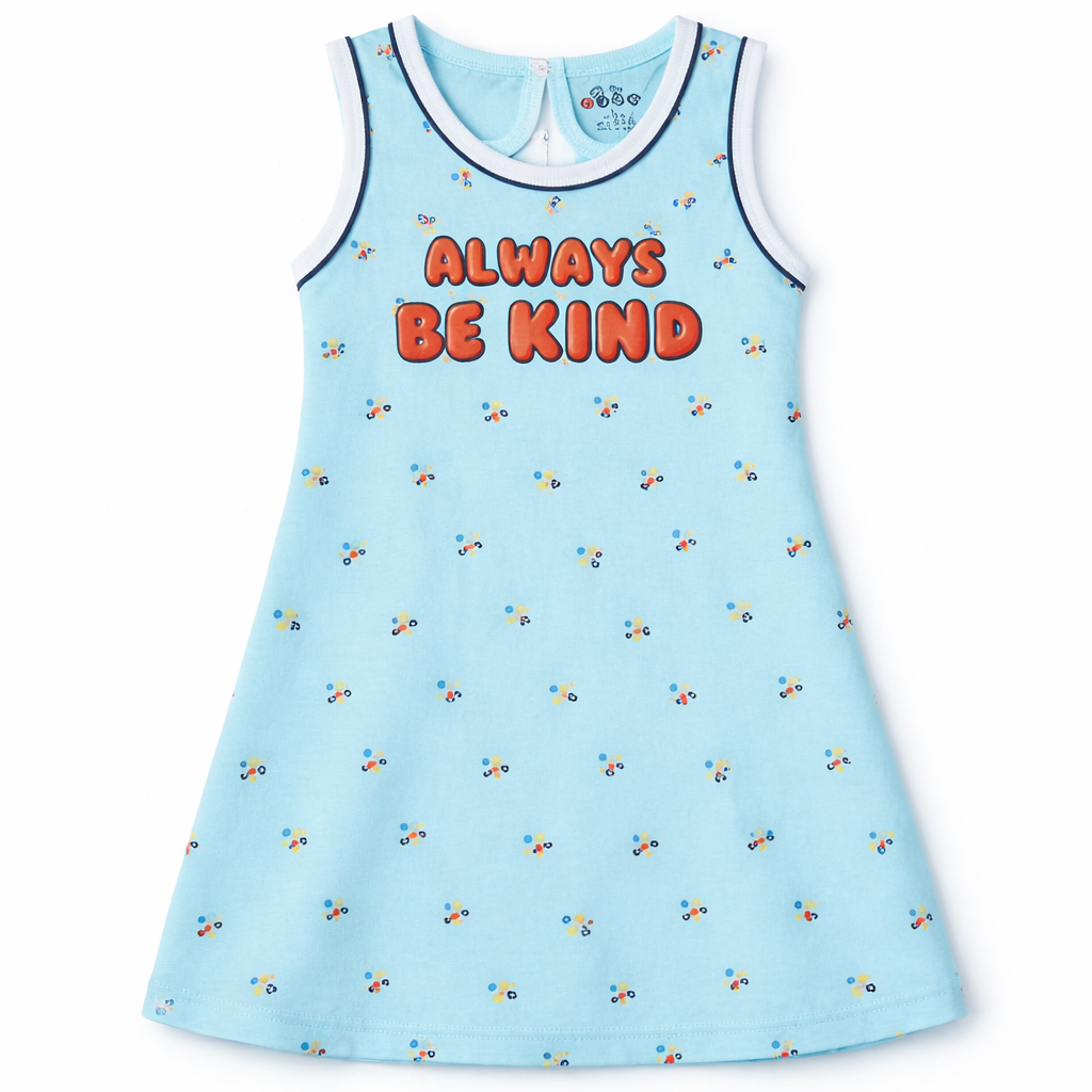 Ojas Baby Girl Cotton Sleeveless Dress Always Be Kind Print Blue Tropical Casual Dress - Cutypi