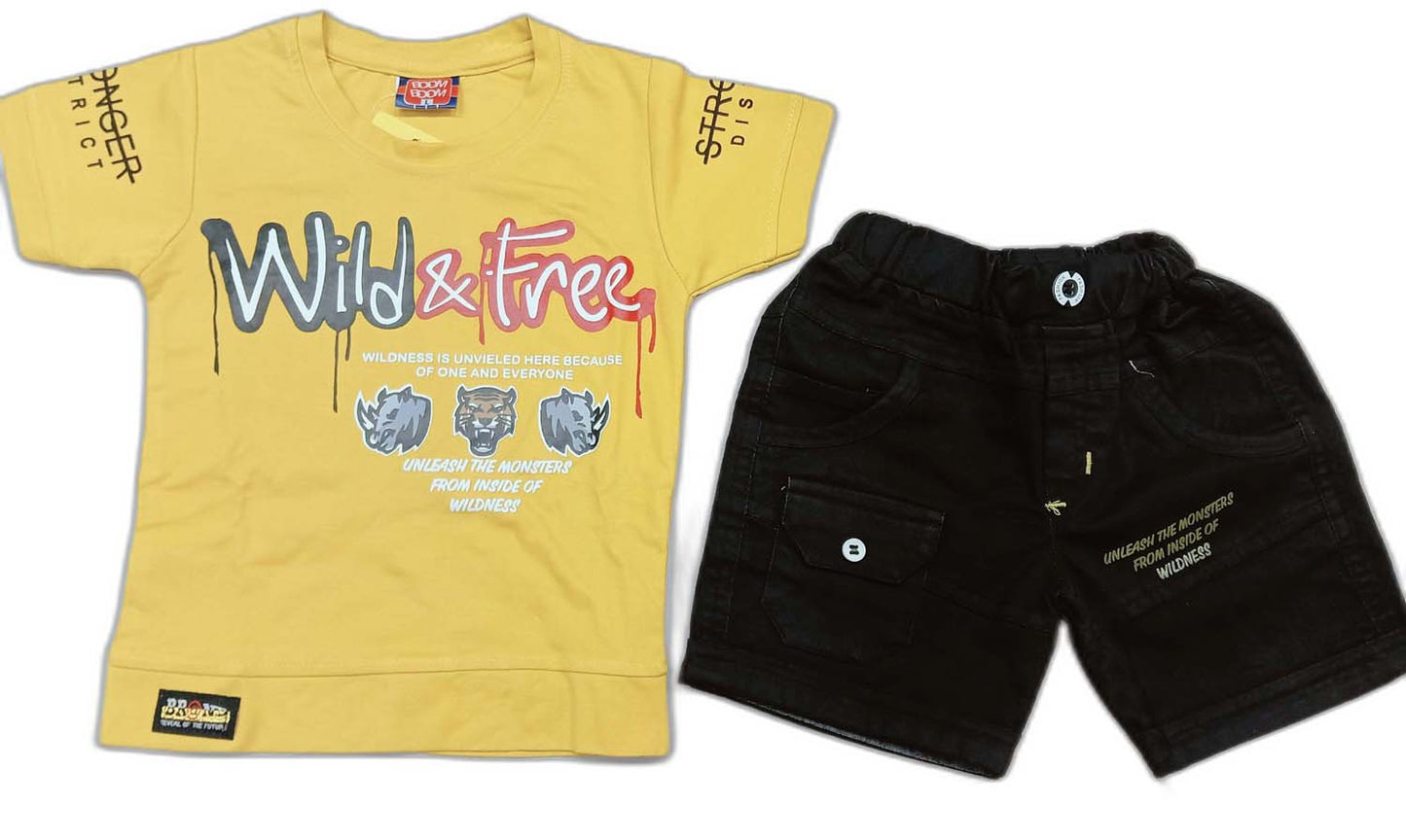 Boys Wild Fire Printed T-Shirt and Denim Shorts Set for Kids - Yellow