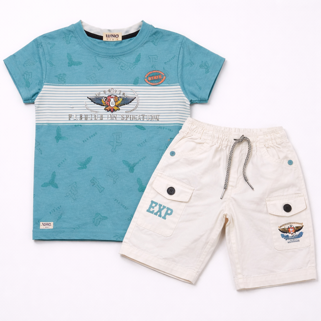 Uno Kids Teal Graphic T-Shirt & Cream Cargo Shorts Kids Co-Ord Set - Cutypi