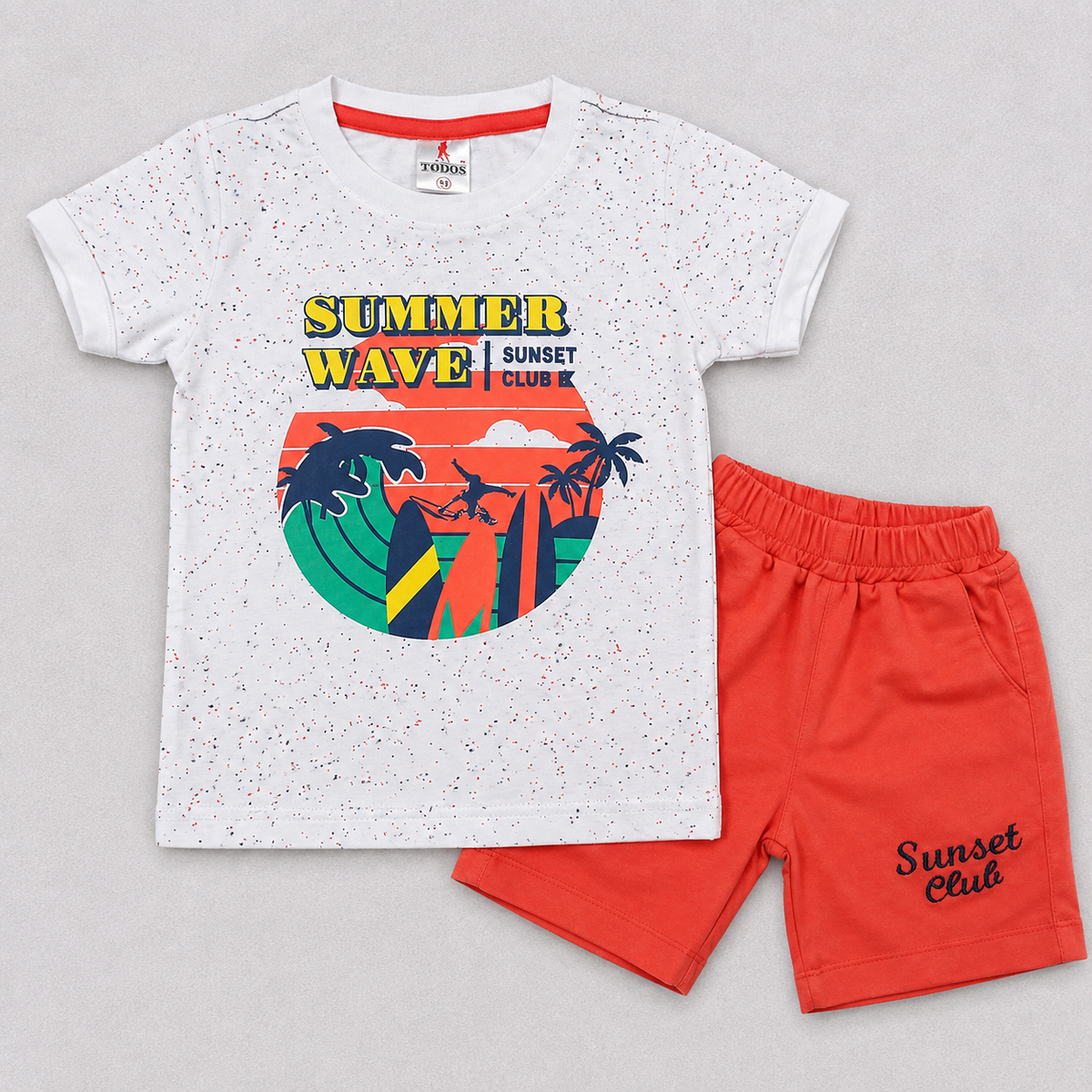 Boys Typography Printed Cotton T-shirt with Short - White Orange