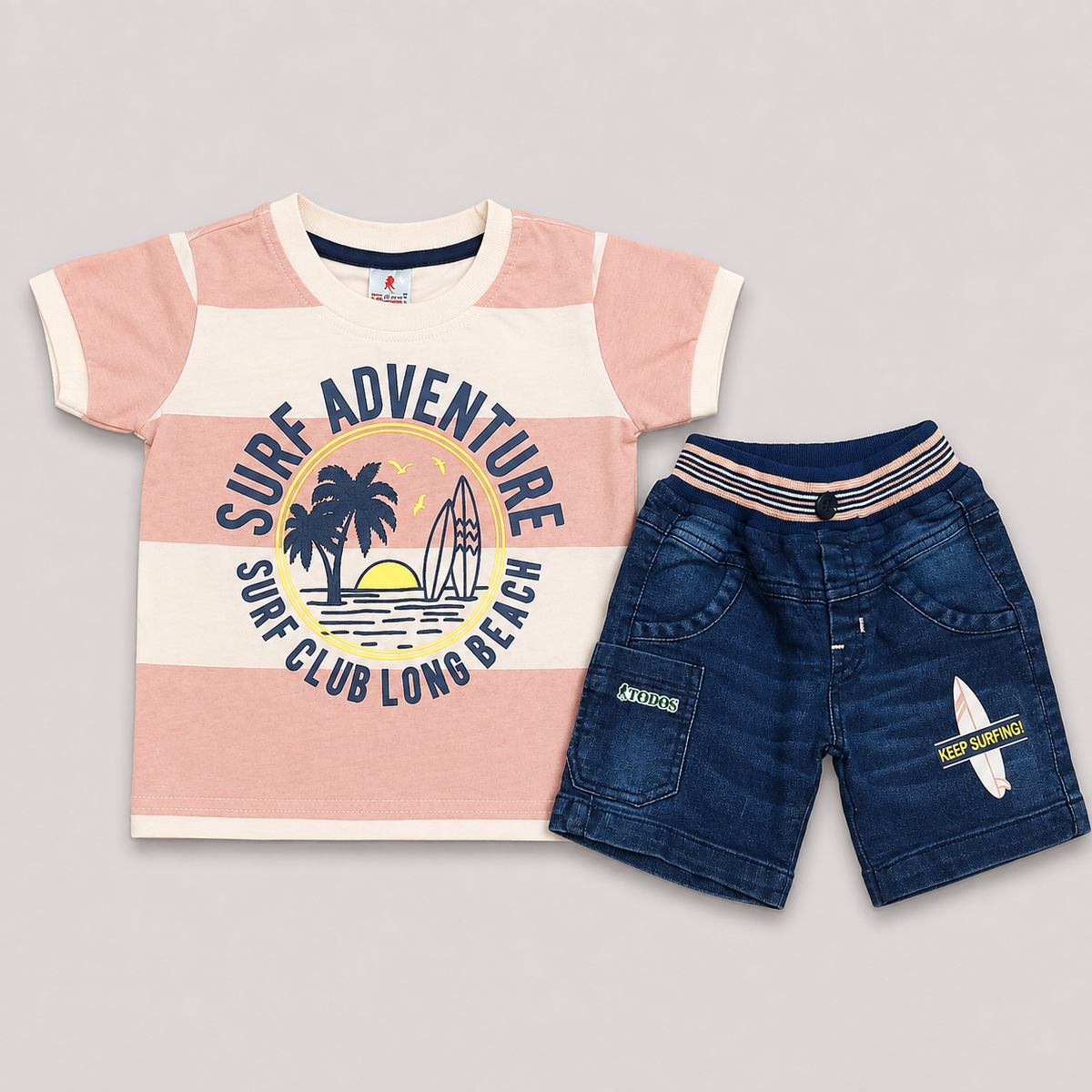 Boys Surf Adventure Printed T-Shirt with Denim Half Pant