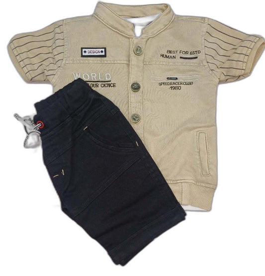 Half Sleeves Solid Shirt & Denim Short Set With Text Printed Inner T-Shirt
