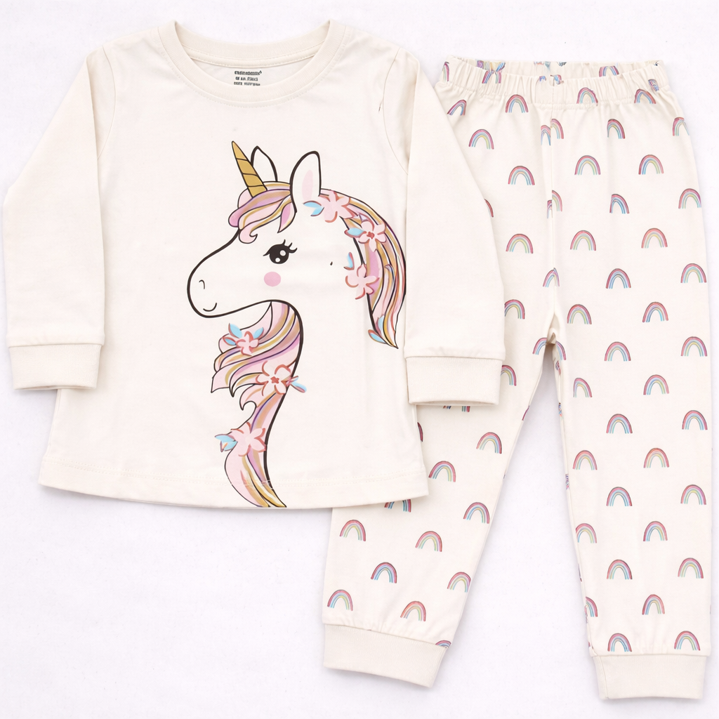 Baby Girl Cotton Night Suit Set Cream Unicorn Print Top and Pajama Set