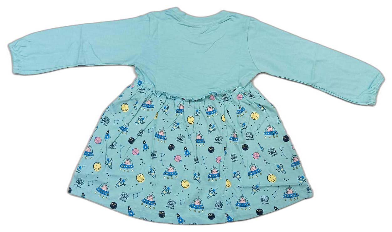 CUCUMBER Full Sleeves Frock With Bunny & Floral Print - Blue