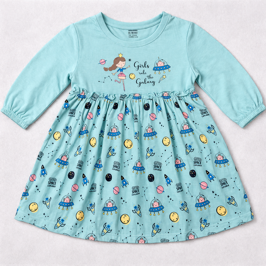 Cucumber Baby Girl Pink Cotton Frock Printed Long Sleeve - Cutypi