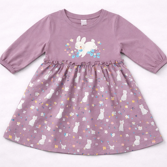 Cucumber Baby Girl Pink Cotton Frock Printed Long Sleeve Purple - Cutypi