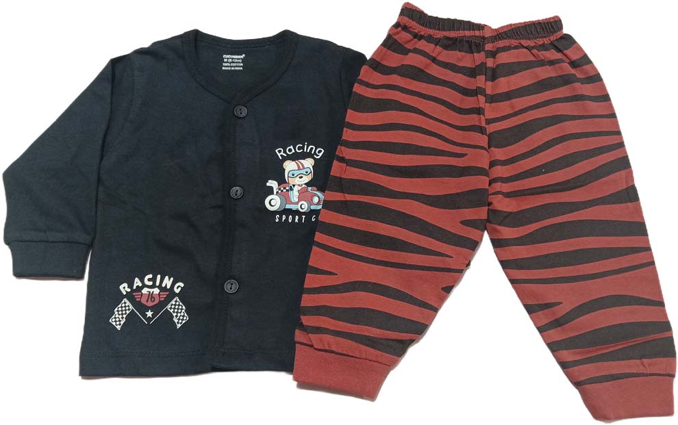 Cucumber Knit Full Sleeves Suit With Car & Teddy Print - Navy & Red