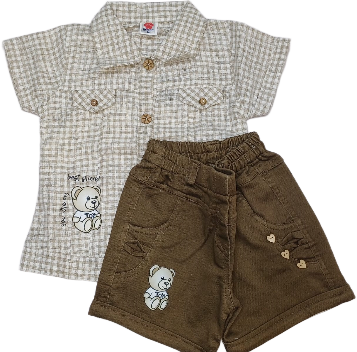 First Baby Baby Boys Checked Shirt with Brown Shorts – Smart & Comfortable Set - Cutypi