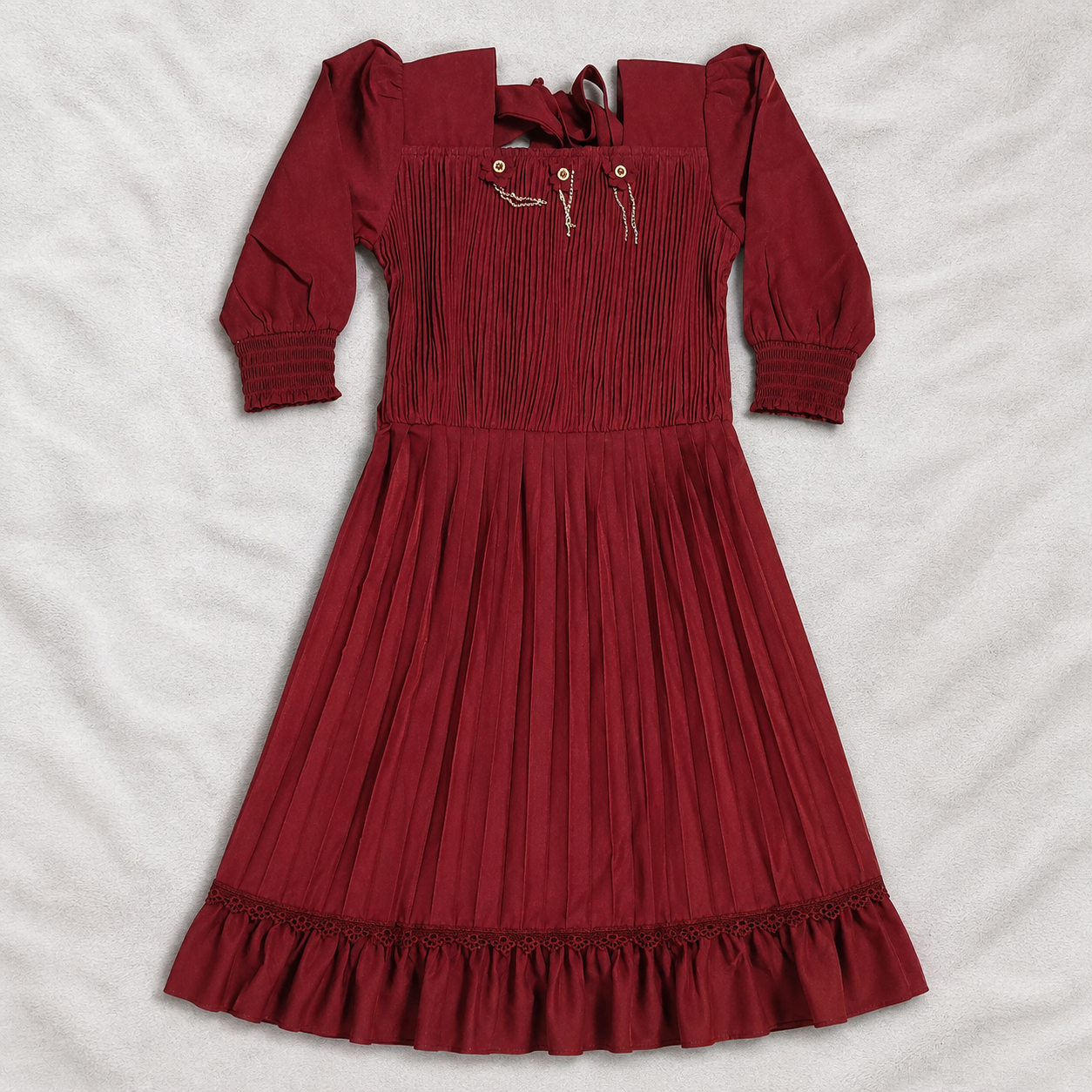 Girls Maroon Pleated Party Wear Dress – Elegant Festive Style