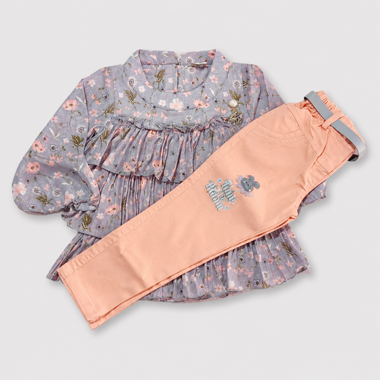 BabyQ Girls Blue Floral Frock with Peach Pants Set | Party Wear Outfit