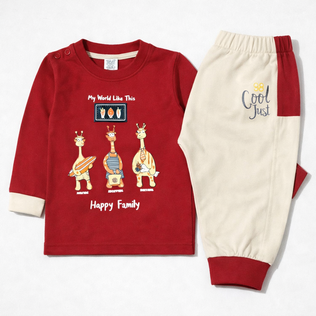 Krunchy Baby Happy Family Giraffe Print Red & Cream Tracksuit Set - Cutypi