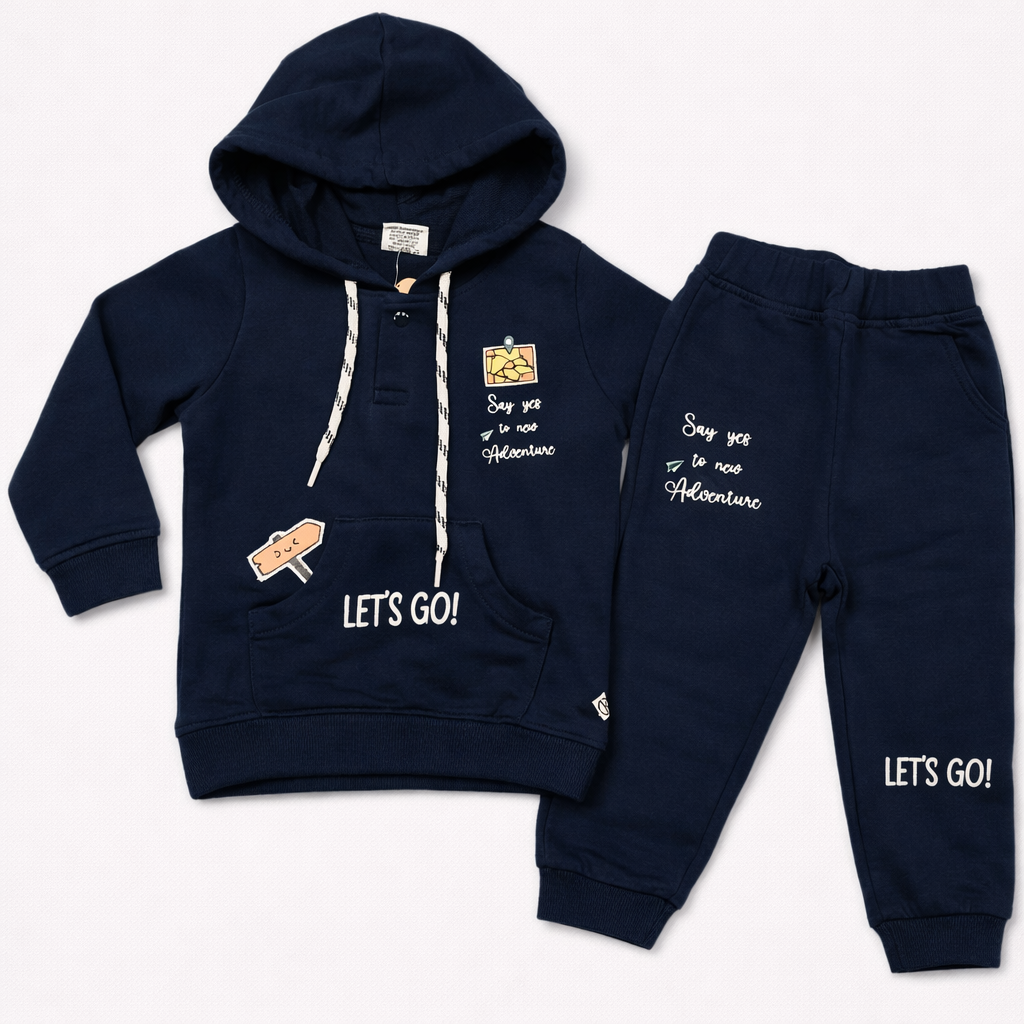 Krunchy Navy Blue Adventure Print Kids Hoodie Co-Ord Set – Cotton Sweatshirt & Jogger Pants - Cutypi