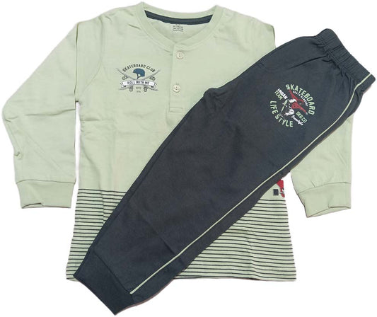 Boys Knit Full Sleeves Round Neck T-Shirt with Pant - Green