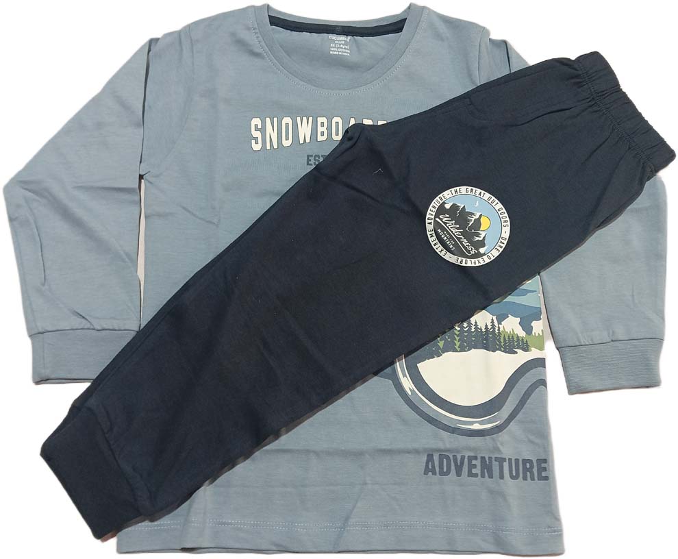 Boys Cotton Grey & Blue Long Sleeve T-Shirt and Pyjama set