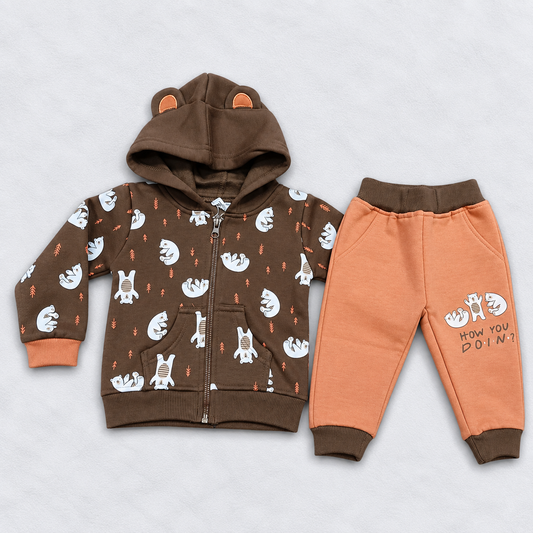 Krunchy Kids Winter Hooded Jacket & Pant Set – Cute Bear Print