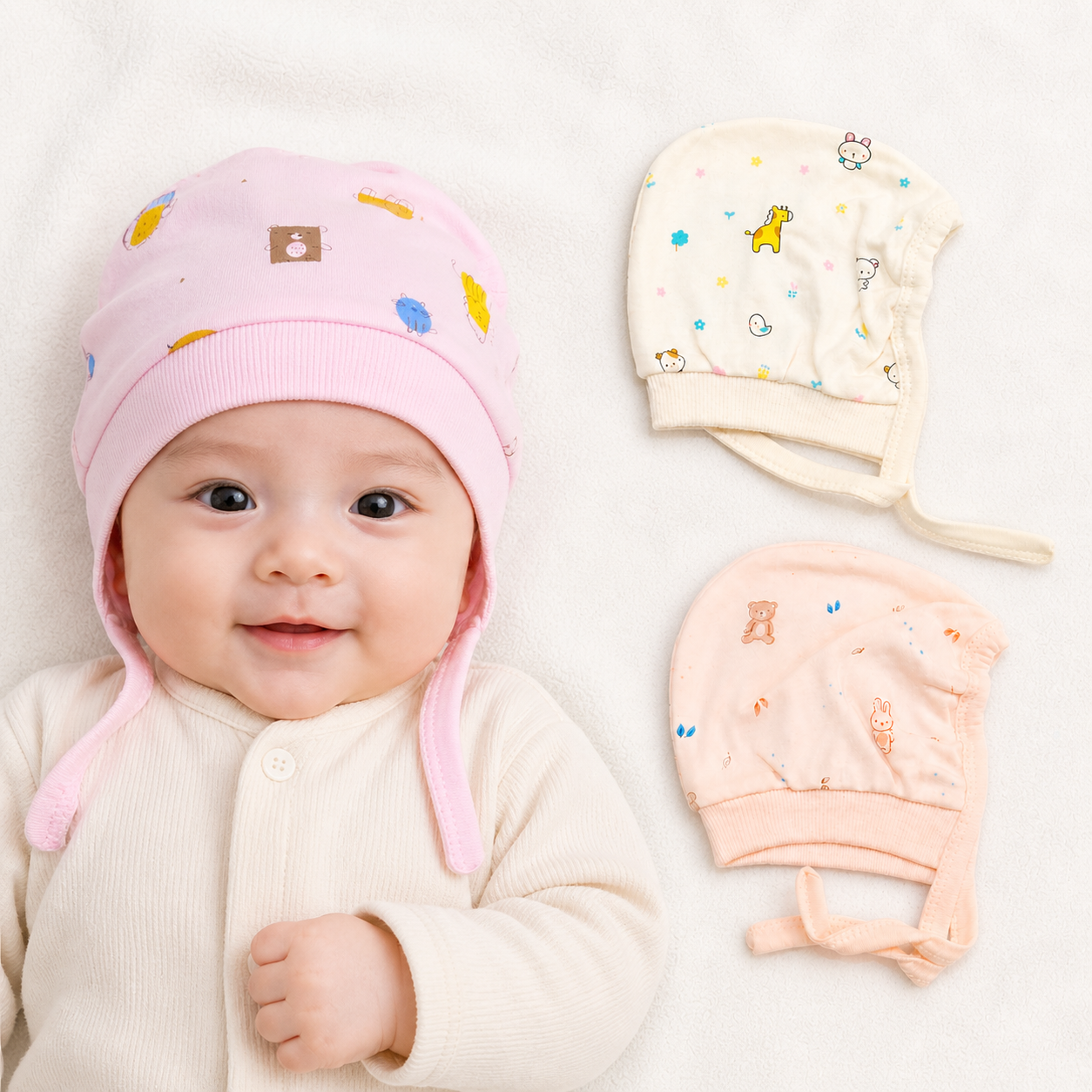 Newborn Baby Cotton Tie Knot Cap Set Multicolor Printed Infant Caps Soft & Breathable (Pack of 3)- Cutypi