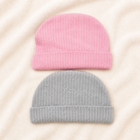 Baby Ribbed Cotton Pink & Grey Soft Stretch Infant Caps (Pack of 2)