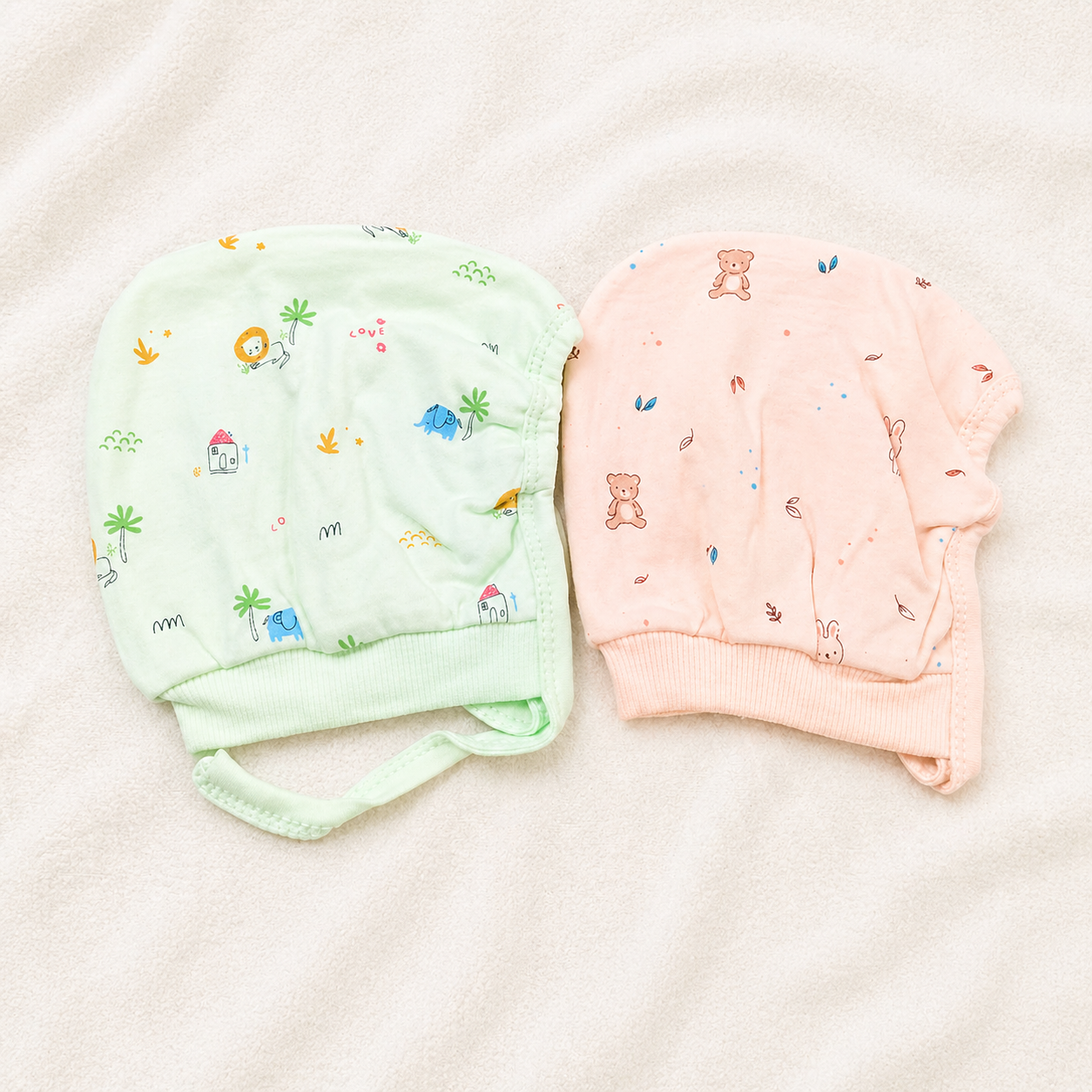 Newborn Baby Cotton Cap Set Green & Peach Printed Soft Infant Caps (Pack of 2)- Cutypi